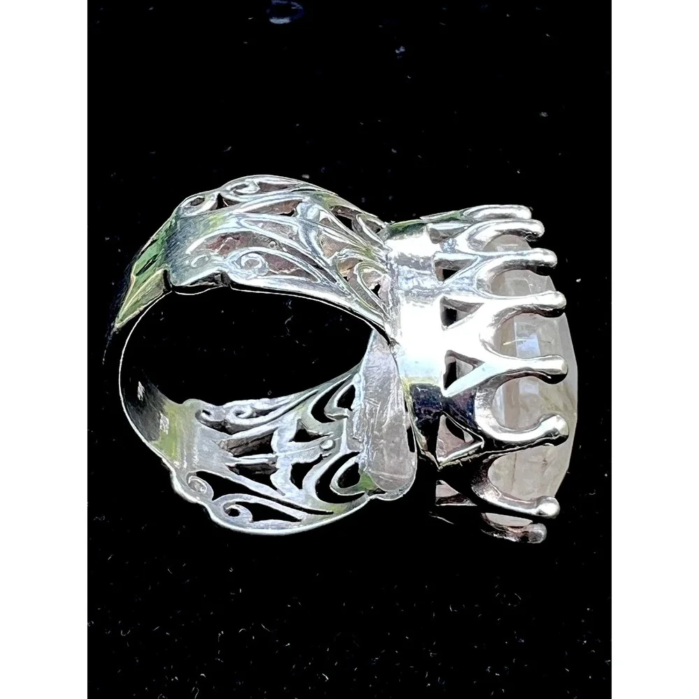 925 Sterling Silver Rutilated Quartz Vintage Filigree Crown Statement Ring